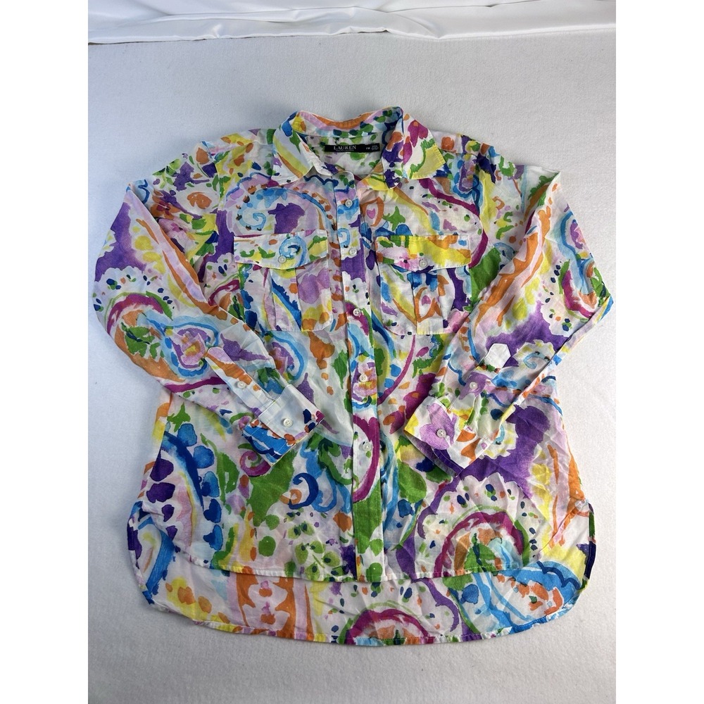 Lauren Ralph Lauren Sz. PM Silk Blend Multicolor Watercolor Button Down Blouse